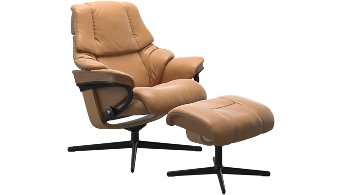 Stressless Reno with Cross Base and Stool in Cori Caramel Leather